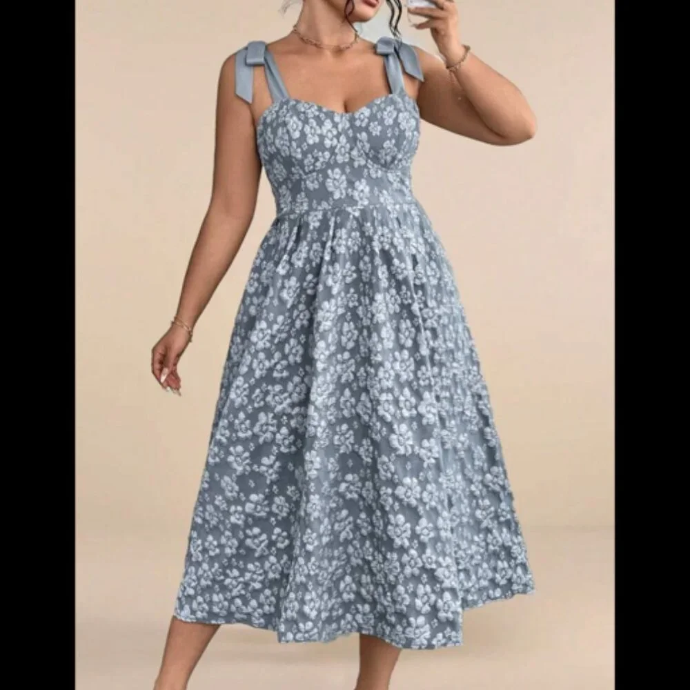 Dusty Blue Corset top Bow-tie Embossed Fit-and-Flare Midi Dress 0XL